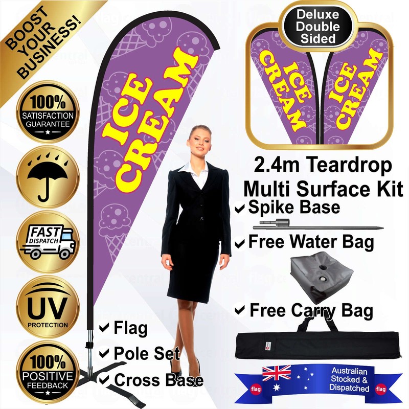K - ICE CREAM Deluxe Double-Sided Purple 2.4m Teardrop Flag / Banner Kit with Pole Set, Galvanised Steel Ground Spike, Steel Outdoor Cross Base, Free 15kg Water Bag and a Free Carry Bag - 1