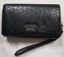GUESS Black Wristlet Wallet Embossed Removable Wrist Strap Zip Around