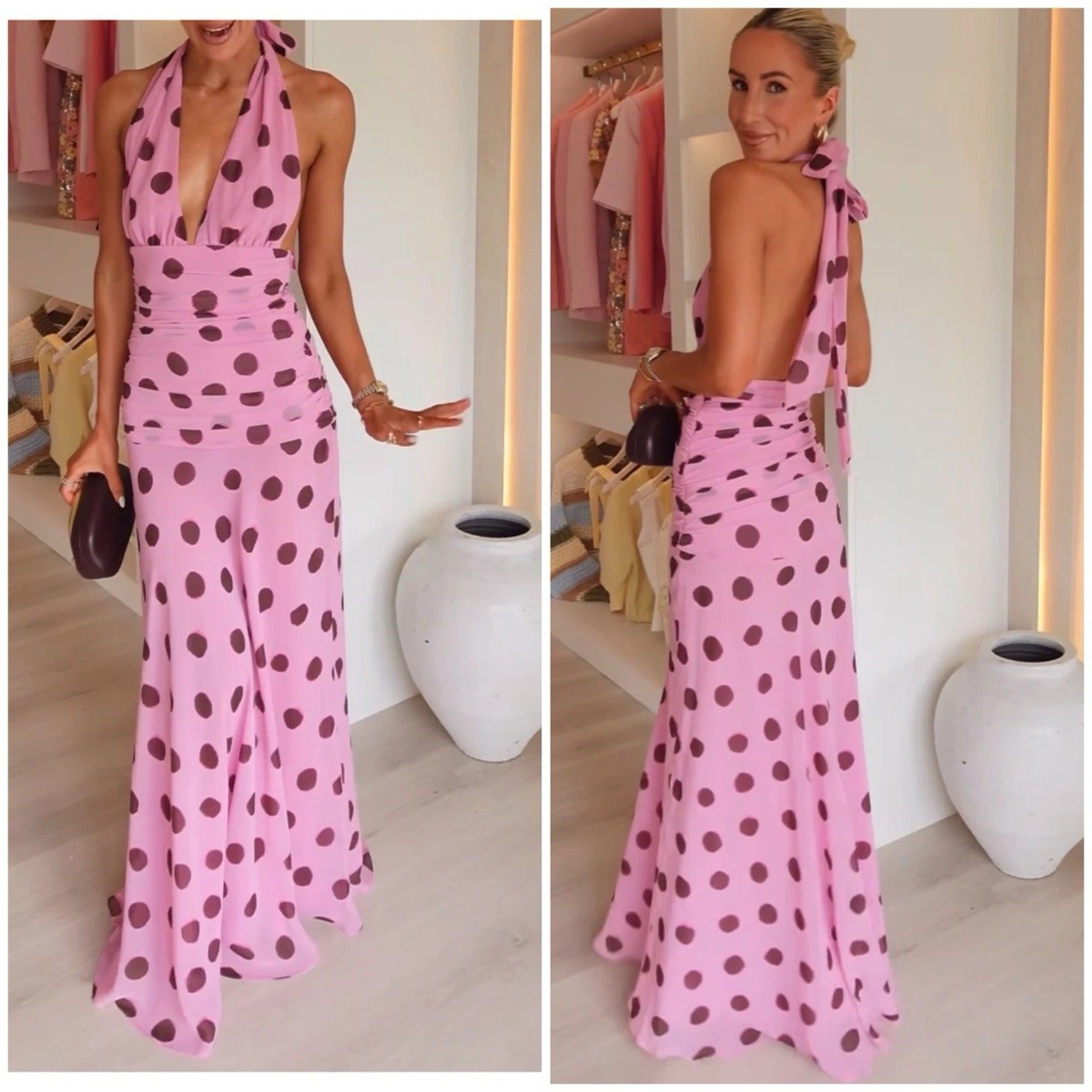 ZARA SS25 NEW WOMAN HALTER RUCHED POLKA DOT MAXI DRESS PINKS
