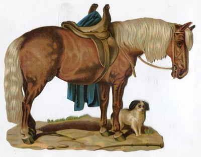 Glanzbild Oblaten scrap die cut  XL Pferd Hund  23,5 cm