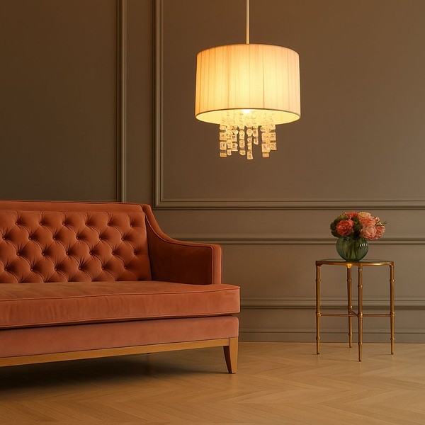 Pendelleuchte HäNgelampe Kristalle Klar Esstischleuchte Seide Weiß Dxh 30X120 Cm-image