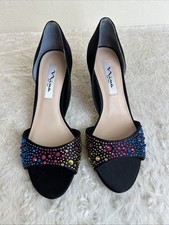 Nina Rayelle Formal Shoes Size 8 M Heels Black Satin Colored Rhinestones
