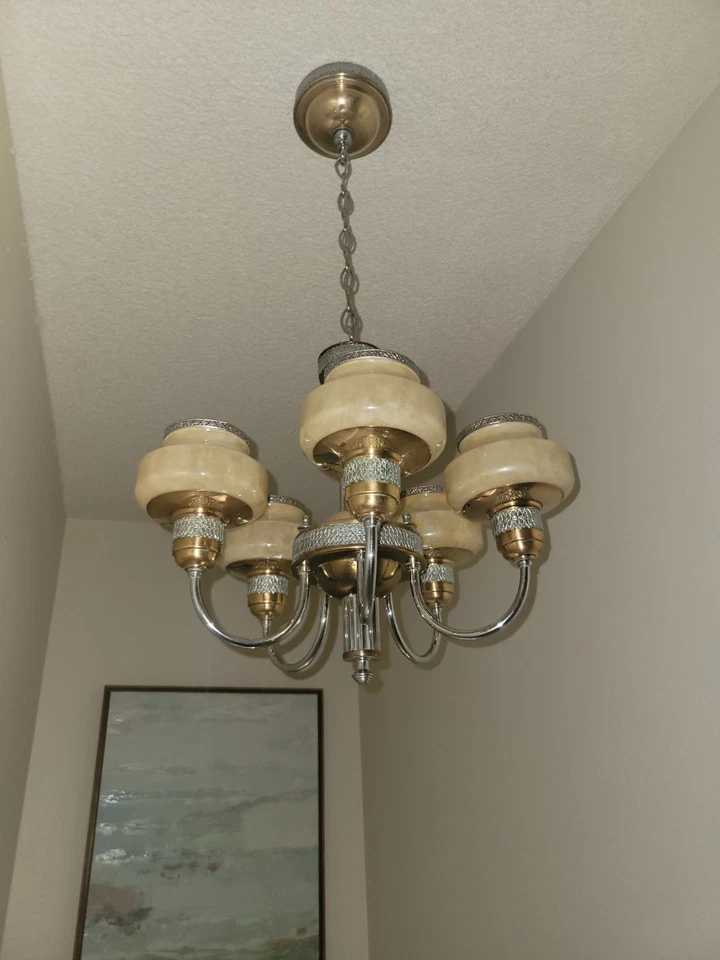 Raro: Lámpara de araña de 5 brazos "Sherwood" de vidrio de enmalle de 1938 Foto 3 de 4