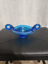 Vintage ~ Beautiful Sapphire Blue Art Glass ~ Candy Nut Dish Double Handled Bowl