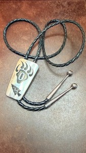 Vintage Hubert Yowytewa Hopi Silver Overlay Bolo Tie Bottle Lightning Signed HY