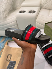 Gucci Men s Web Stripe Rubber Slide Sandals B...