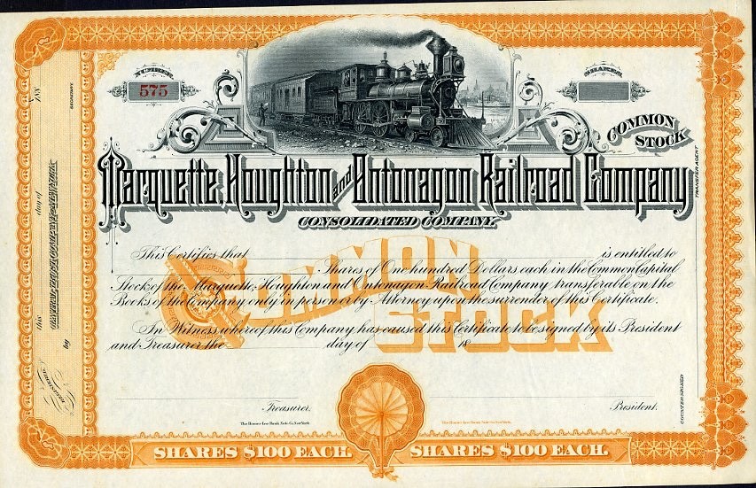 18___ Marquette Houghton & Ontonagon RR Stock Certificate