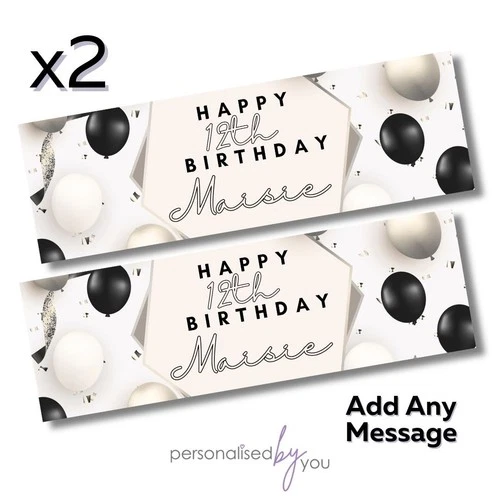 2 x Personalised Birthday Banners Large 900 x 300 Cream&Black ADD NAME & ANY AGE