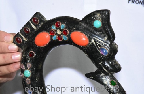 Ancien pendentif crochet 8,6'' culture Hongshan soldes incrustation météorite gemme cochon dragon loong