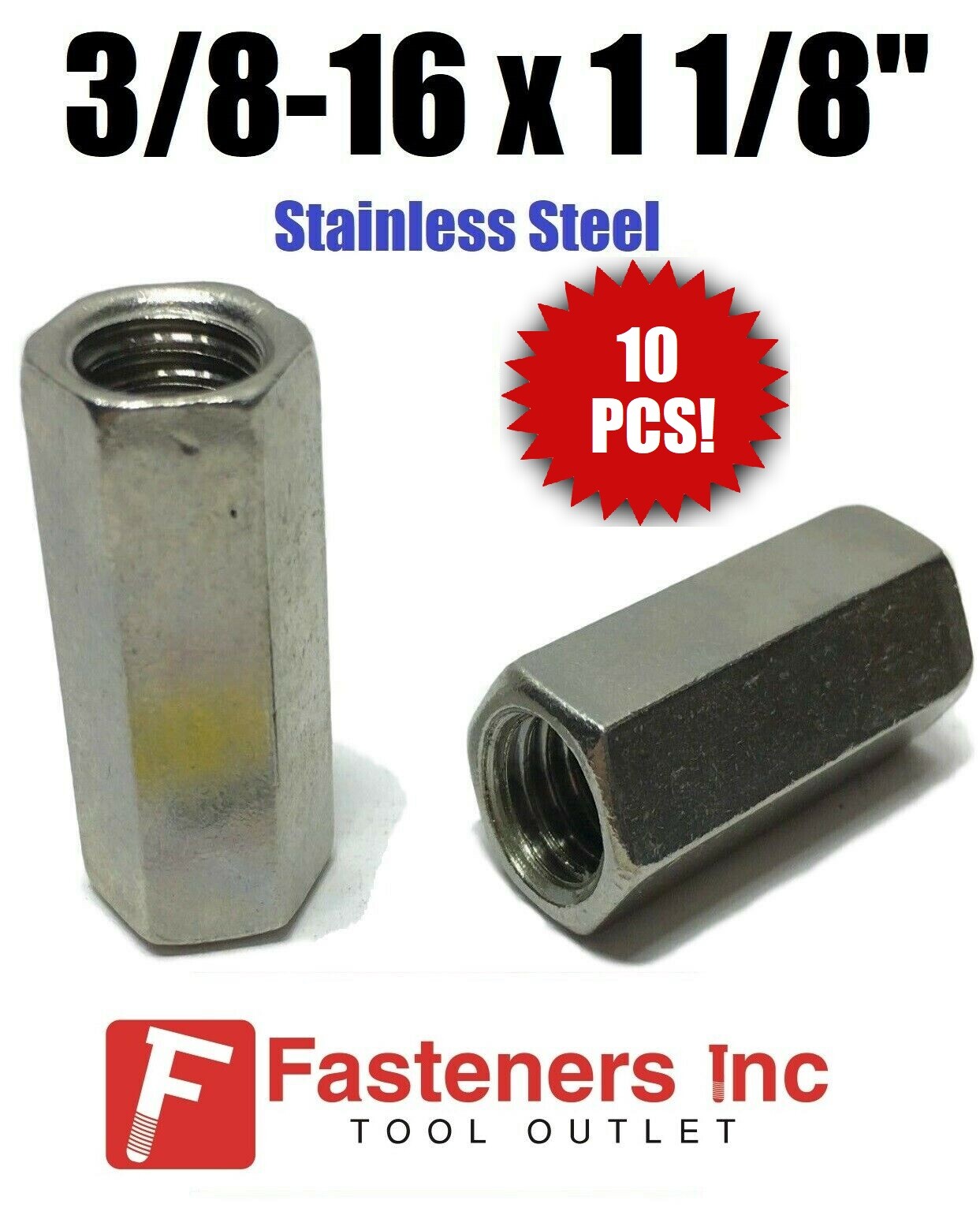 (Qty 10) 3/8"16 x W1/2" x L11/8" Stainless Steel Threaded Rod