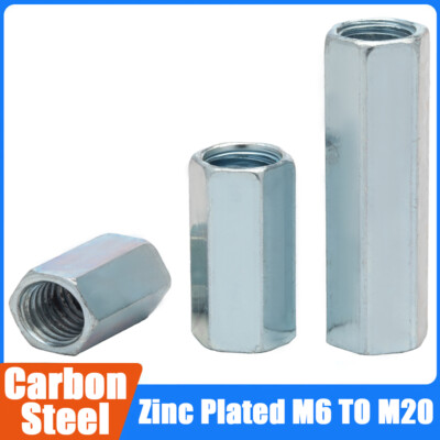 M6 M8 M10 M12 - M20 Hex Nuts Hexagon Connector Rod Bar Stud Long Nut Zinc Plated