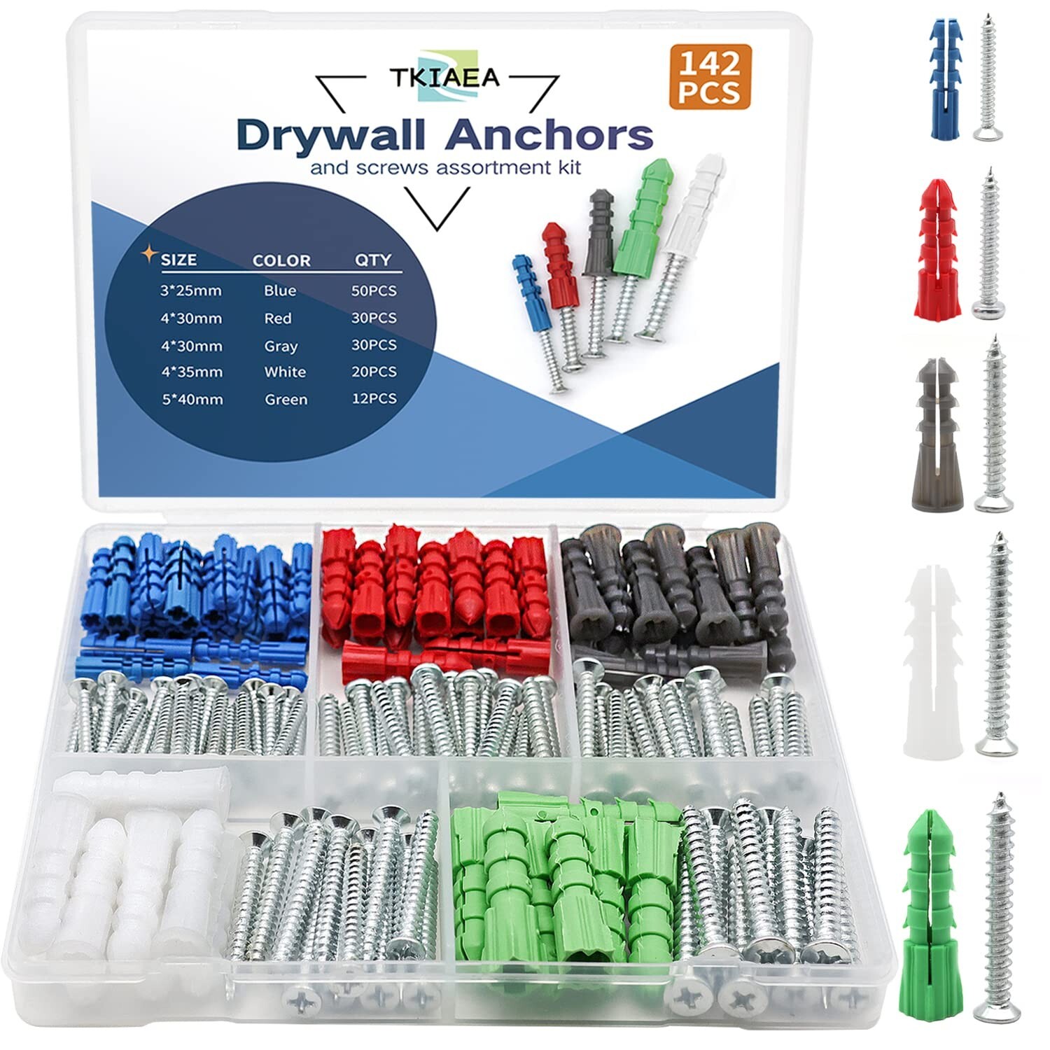 142Pcs Drywall Anchors and Screws Kit 5 Sizes Wall Anchors Set New