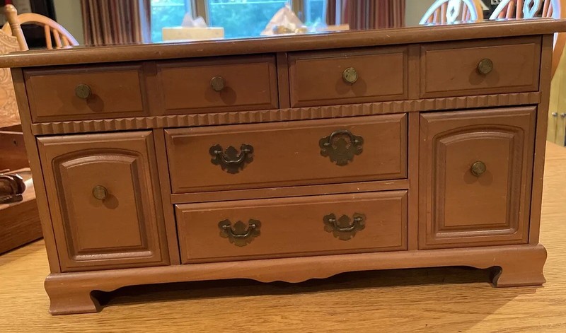 Vintage MELE Wood Sideboard Jewelry Box Japan 9 In Doll Sized 6-drawer Dresser