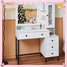 LED Lighted Vanity Set Mirror Makeup Table 5 Drawers And Cabinet for Girls Gifts
