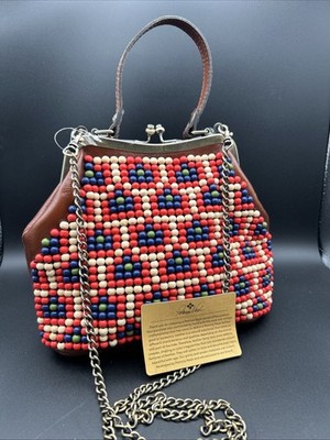 Patricia Nash Laureana Beaded Leather Frame Satchel Bright Coral With Dust Bag