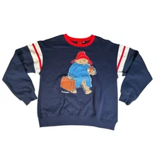 Paddington Bear Navy Crewneck Sweatshirt Large NWOT Striped Sleeve Graphic Retro