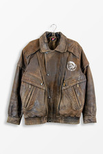 Diesel Distressed Leather Jacket Brown Logo Vintage - Size XL