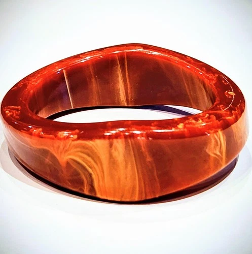 Bakelite Orange Red Bangle Bracelet Marble Swirl Rare Vintage Jewelry 1930's