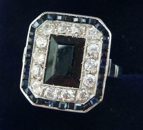 Stunning art deco platinum 0.70ct diamond and 2.25ct sapphire cluster ring - 第 2/9 張圖片