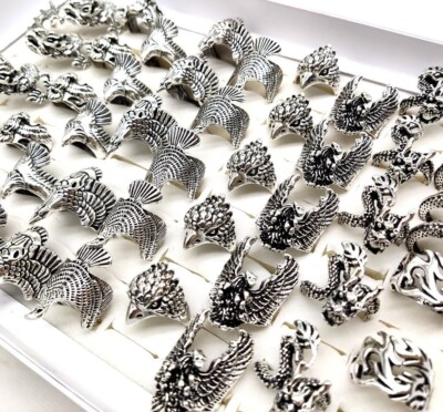 30pcs Punk Animal Ring Eagle Dragon Top Styles Mix Man Biker Rings Cool Jewelry