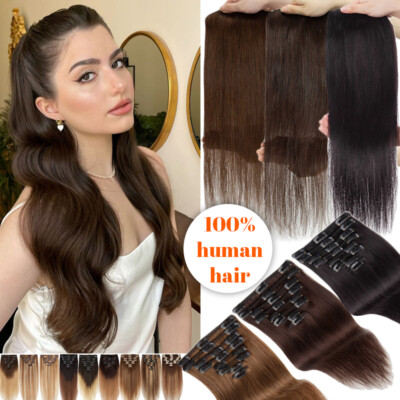 Invisible Clip In Real Remy Human Hair Extensions Russian Hair Full Head 8PCS