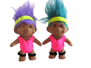 Vintage 2 Troll dolls in workout gear with female suits Teal hair & purple hair