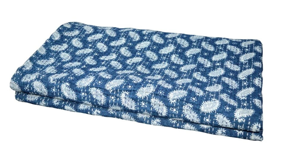 蓝色 Kantha 被子 Paisley Gudri 手工制作 双床罩 Throw Ralli — 第 3/4 张图片