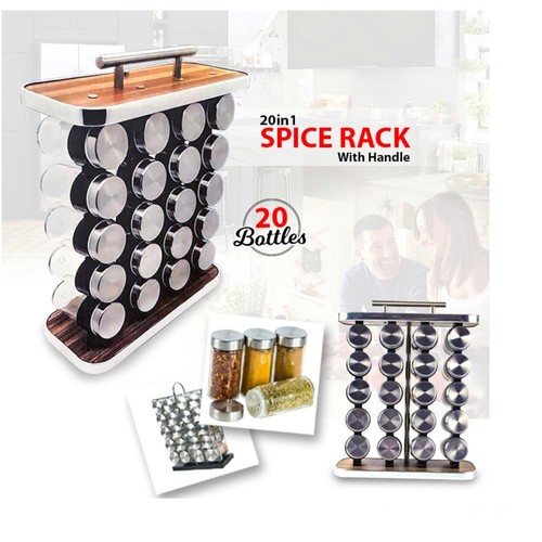 20 Jar Spice Rack Steel Glass Jars Organizer for Countertop Rotating ...