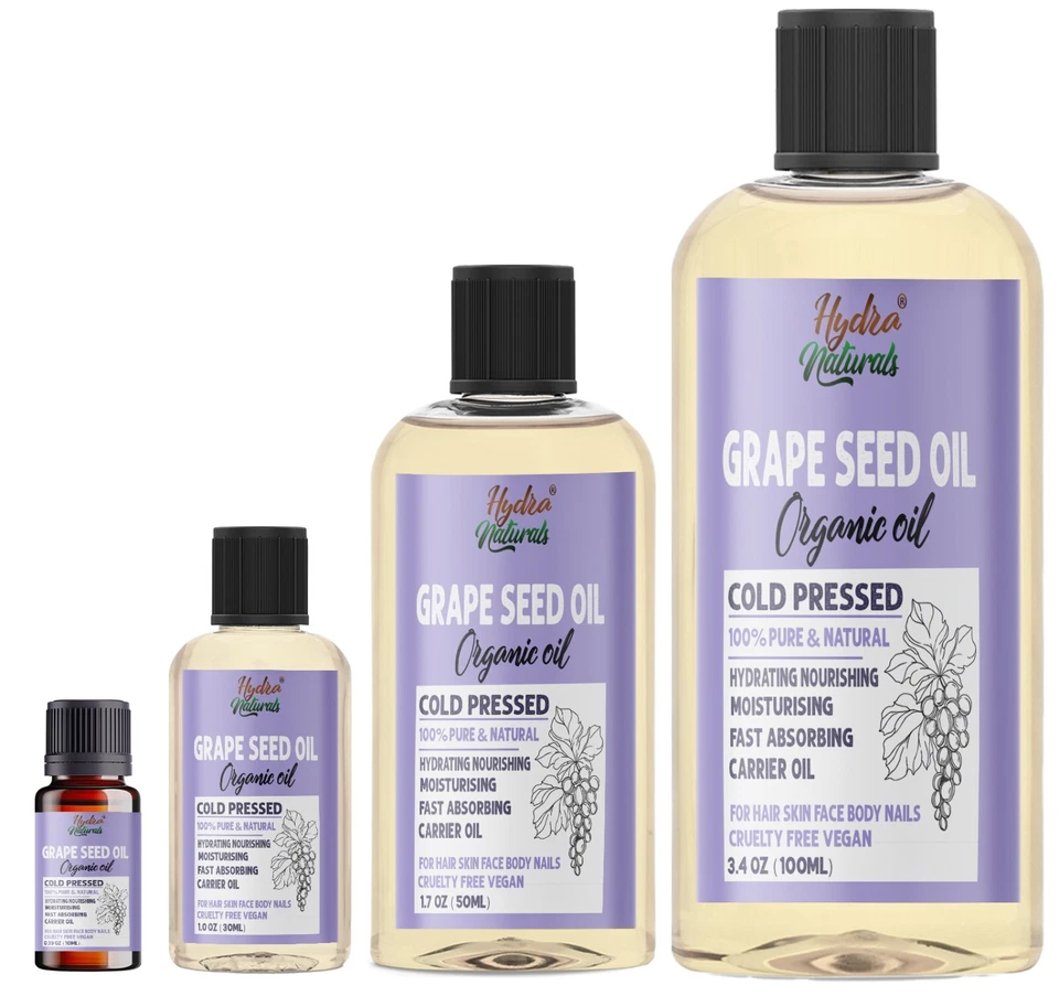 HYDRA NATURALS GRAPESEED OIL 100% Pure Organic Natural Cold Pressed Unrefined Skin Hair Face UK