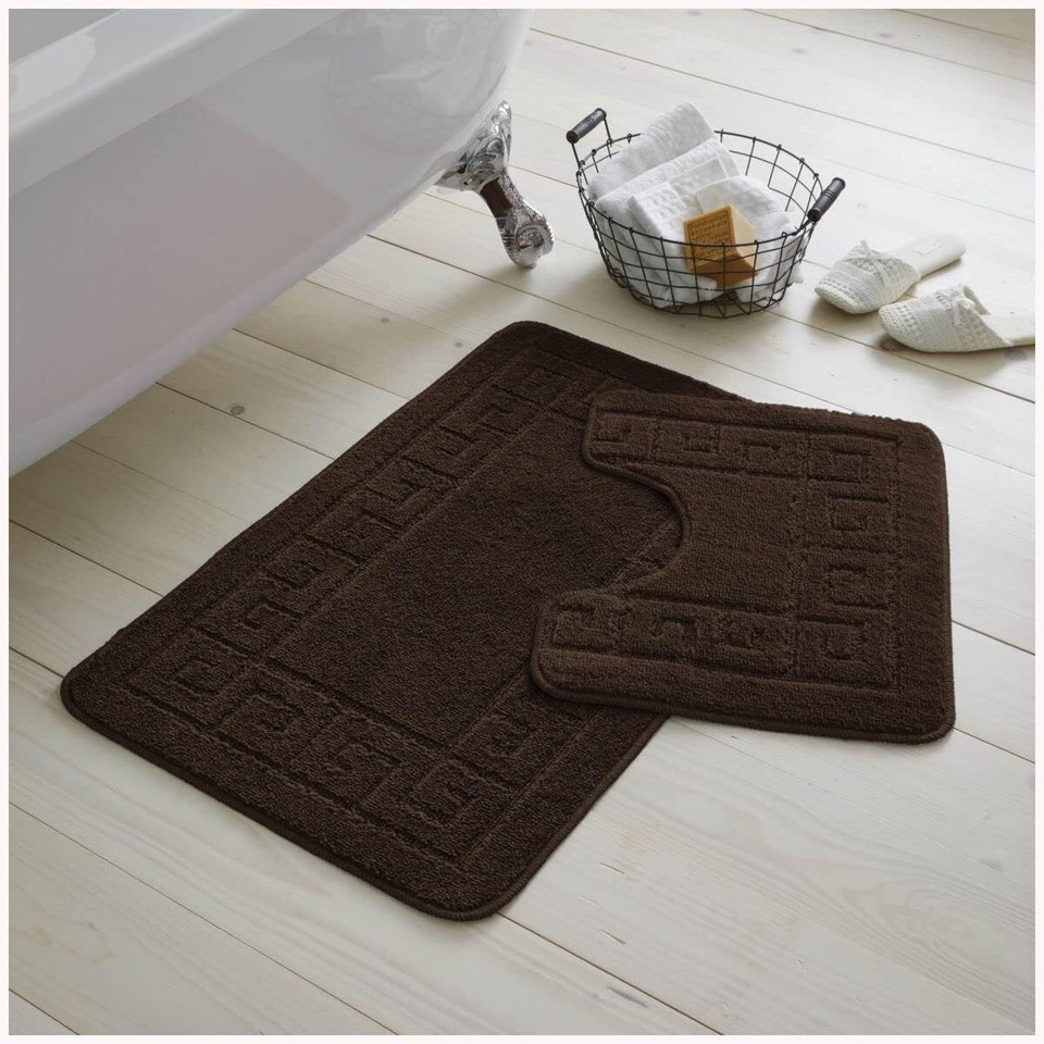 GREEK STYLE BATH MAT PEDESTAL SET NON SLIP TOILET BATHROOM RUGS 2 PIECE