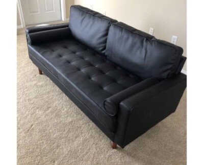 Brand New Black Faux Leather Couch Velvet Sofa Mid Century Modern Vintage Style
