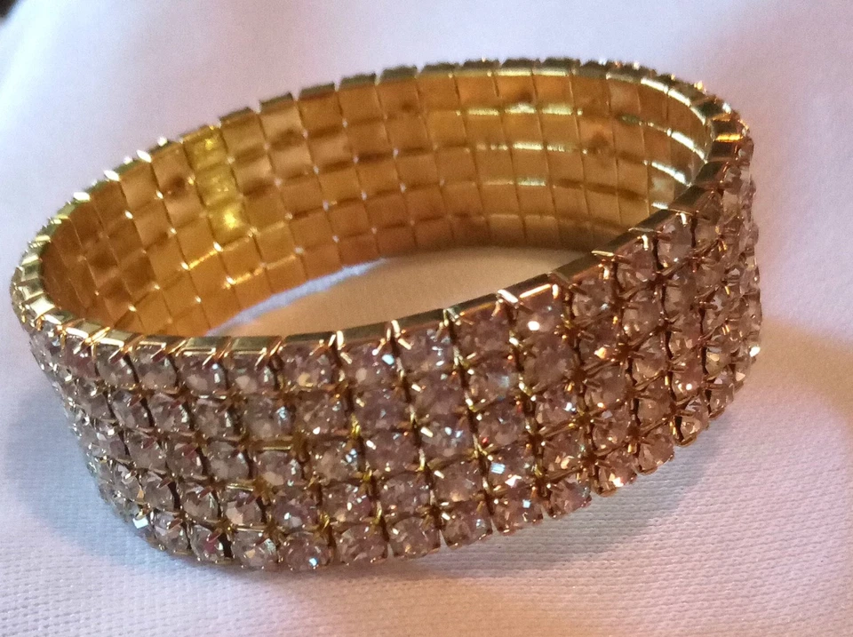 Women's Stretch Bracelet 7" 5 Rows Clear Rhinestones Gold Tone Ships Free - Image 3 of 4