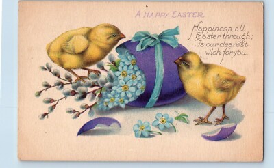 Easter Postcard Hatched Egg Flowers And Little Chicks Pipe Berry 1925 Vintage