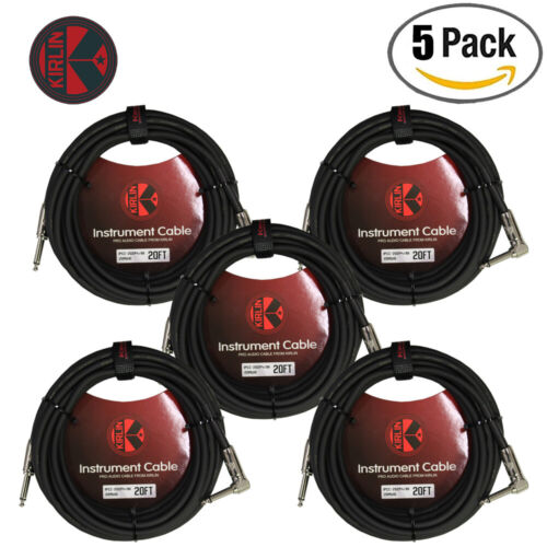 5-PACK Kirlin 20FT 1/4" Straight-Right Angle 20AWG Instrument Cable Black - Afbeelding 1 van 1