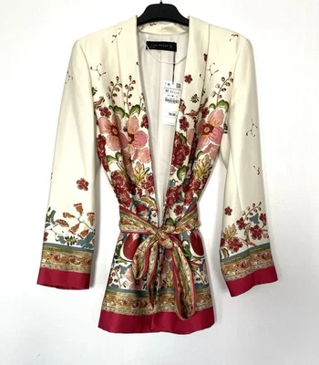 BNWT ZARA RARE ECRU MULTICOLOURED FLORAL PRINTED BELTED JACKET BLAZER SIZE M - Image 1 of 4