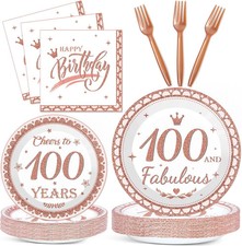 96pcs 100th Birthday Decorations For Women Rose Gold Paper Plates And Napkins Fo