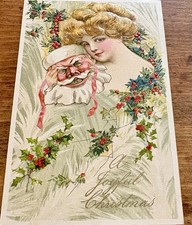 Vintage Winsch Schmucker Christmas Postcard - Pretty Woman With Santa Mask