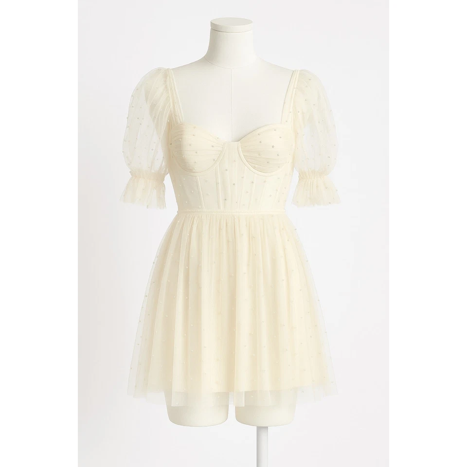 Ava платья мини-платье жемчуг тюль свадебная кокетка слоновой кости шнурует вверх назад размер 16 новый - Изображение 2 из 4