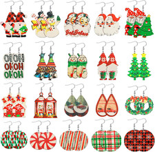 20 Pairs Christmas Earrings for Women Bulk Xmas Wooden Painted Drop Dangle Earri