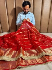 Women Red Banarasi Organza Silk Saree with Lace Work Unstitched Blouse Piece