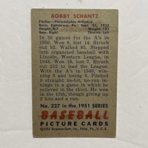Bowman #227 1951 - Bobby Shantz (Schantz en tarjeta) - Imagen 2 de 2