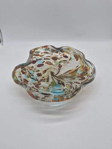 VTG Murano Italy Confetti Spatter Glass Gold Aqua Tutti Frutti Bowl Ash Tray 9"
