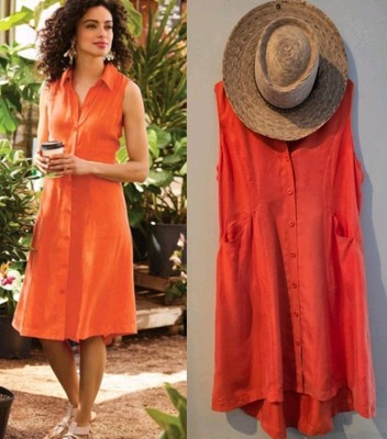 Soft Surroundings Orange Shimmery Cascade Sleeveless Button Up Dress! XL