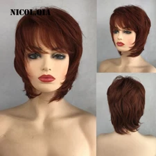 Short Straight Layered Copper Red Auburn Synthetic Hair Wigs Women Natural Daily