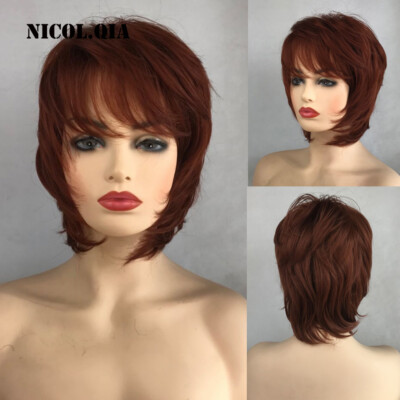 Short Straight Layered Copper Red Auburn Synthetic Hair Wigs Women Natural Daily
