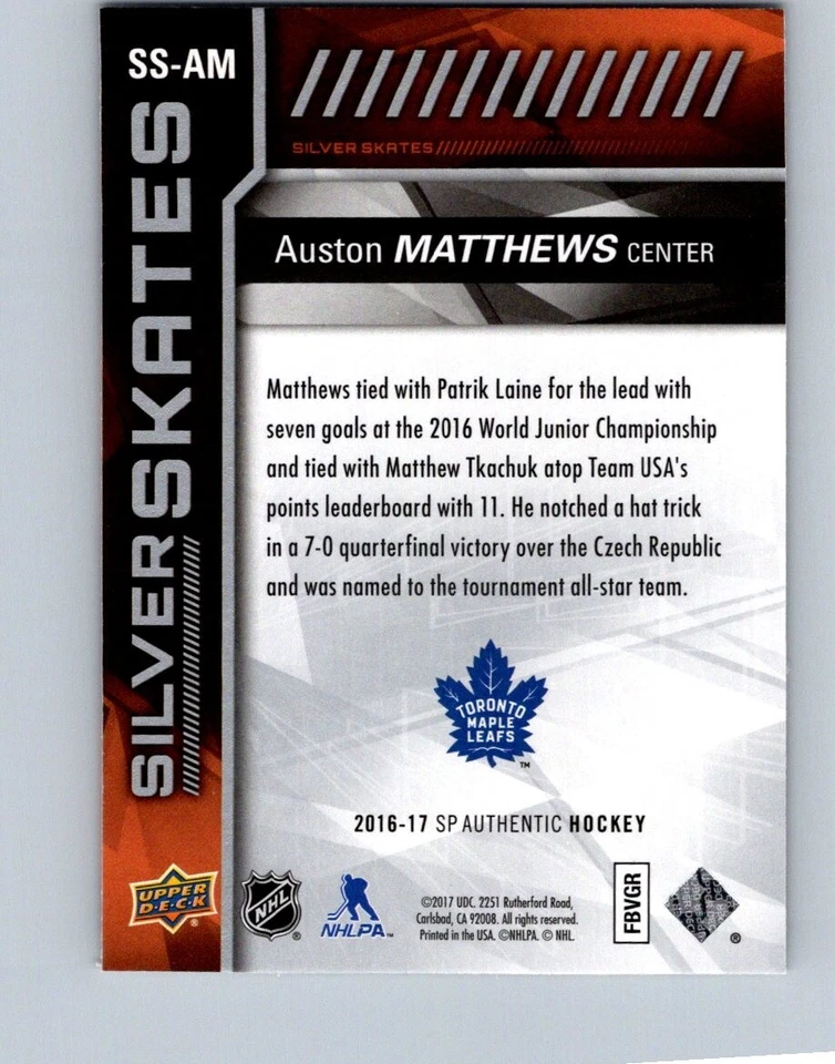 HOCKEY CARD UD SP AUTHENTIC 2016-17 AUSTON MATTHEWS SILVER SKATES SS-AM  ITEM696 - Image 2 of 2