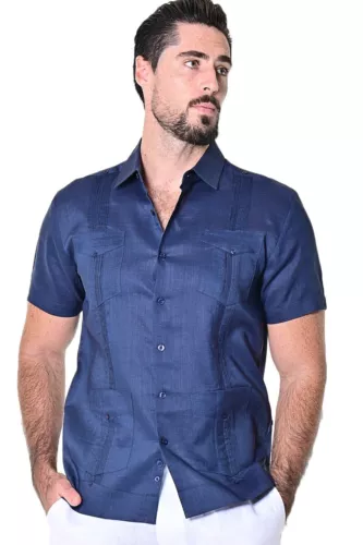 Bohio 100% Linen Guayabera Shirt for Men - Navy Traditional (4)-Pocket - LS499