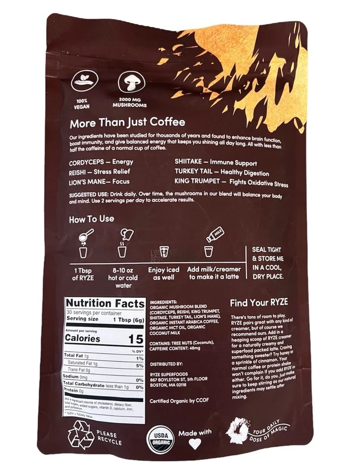 Paquete de 3 café orgánico Ryze con champiñones con 3 cucharas RYZE 100 % auténtico ENVÍO GRATUITO Foto 2 de 3