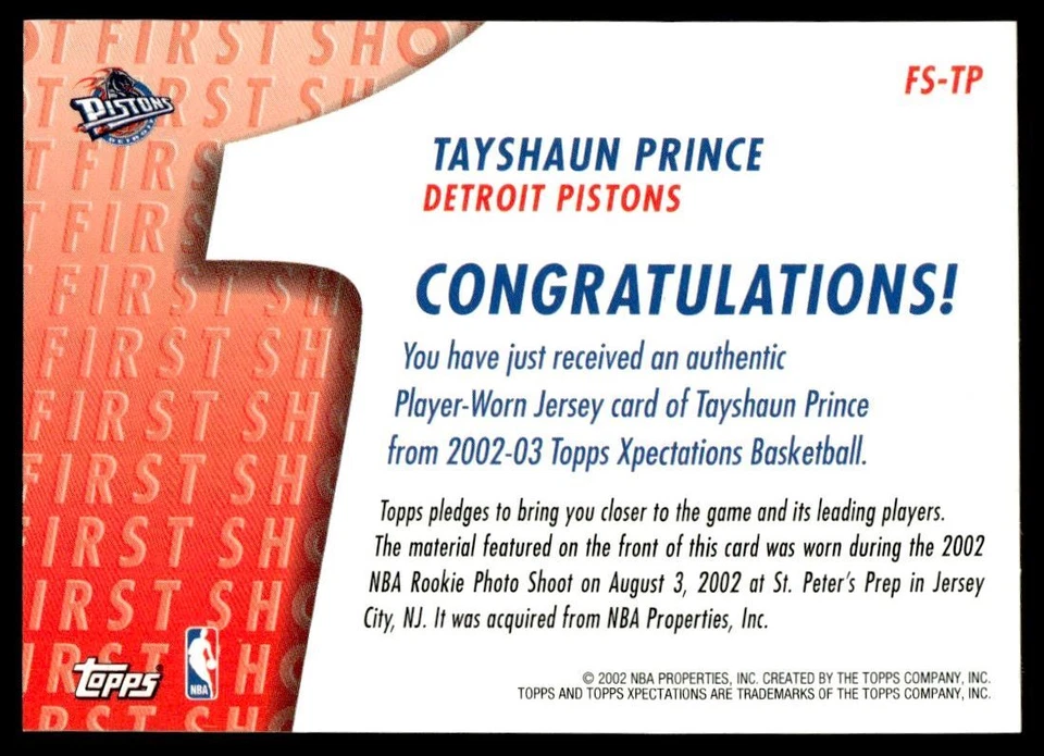 2002-03 Topps Xpectations First Shot Relics Tayshaun Prince Detroit Pistons - Image 2 of 2