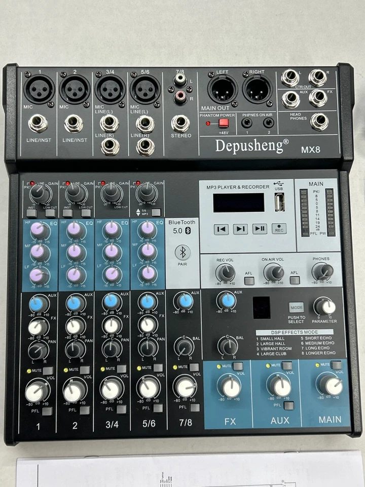 Depusheng MX8 8-Channel Audio Mixer DJ Console Sound Board 48V Phantom Power - Image 3 of 4